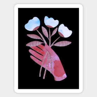 Red hand with blue flowers for you on black background Magnet